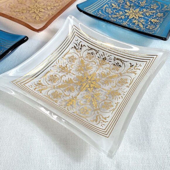 Vintage from 1950s Miniature Ashtrays Set Of 4 Rose Design Gold Accents MCM - Picture 3 of 10